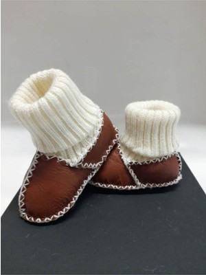 Tr Lona Sanat Bebek Unisex Organik Kuzu Derisi Ilk Adım Ayakkabısı Panduf Patik - NG3001;KAHVERE