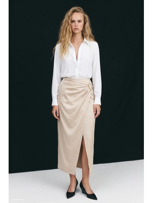 Sateen Toka Detaylı Saten Etek - Bej