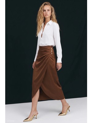 Sateen Düğme Detaylı Saten Etek - Kahve