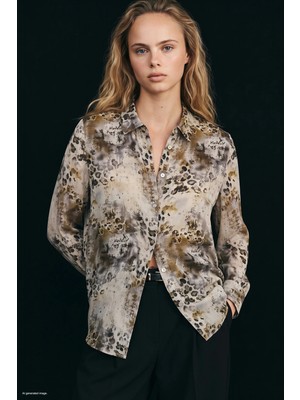 Sateen Leopar Desenli Gömlek - Vizon