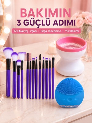 Esranın Dünyası 3’lü Güzellik ve Kişisel Bakım Seti 12’li Makyaj Fırçası Fırça Temizleme Cihazı ve Yüz Temizleme Cihazı - Lisinya