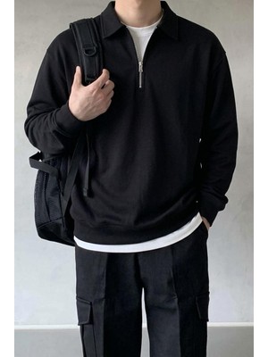 Oksit Polx Erkek Polo Yaka Fermuarlı Sweatshirt - Yarım Fermuarlı Rahat Kalıp Düz Renk Sweat