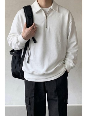 Oksit Polx Erkek Polo Yaka Fermuarlı Sweatshirt - Yarım Fermuarlı Rahat Kalıp Düz Renk Sweat