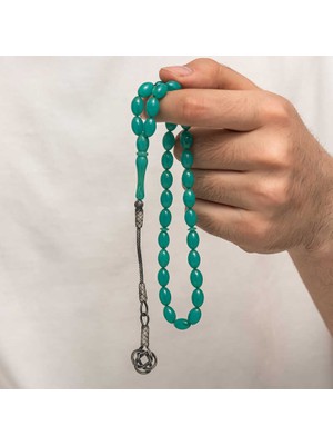 Bersel Butik Gümüş Kazaz Püsküllü Sıkma Kehribar Tesbih