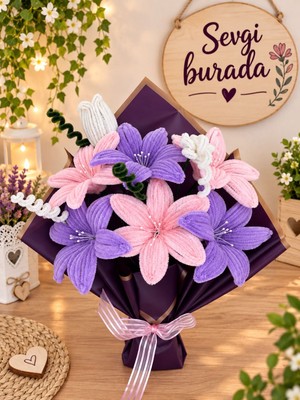 Sevgi Burada Pembe Lila Buket Hediyelik