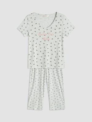 Lc Waikiki Yeni Sezon Gri V Yaka Fiyonk Baskılı Kadın Kaprili Pijama Takımı