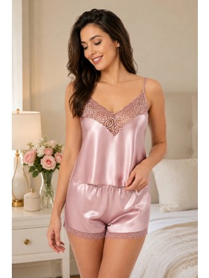 Loule Kadın Vizon Saten Dantel Detaylı Ince Askılı 2 Parça Şortlu Pijama Takımı