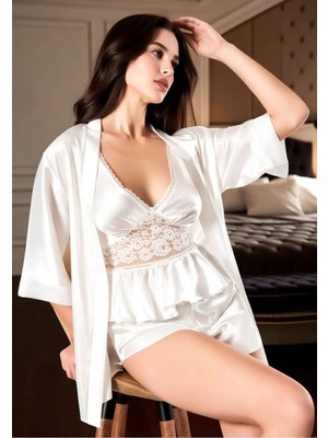 Loule Kadın Ekru Saten 3 Parça Sabahlıklı Şortlu Pijama Takımı