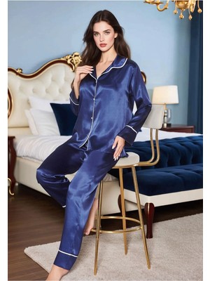 Loule Kadın Lacivert Saten Gömlek Yaka Biyeli Düğmeli 2 Parça Uzun Kollu Pijama Takımı