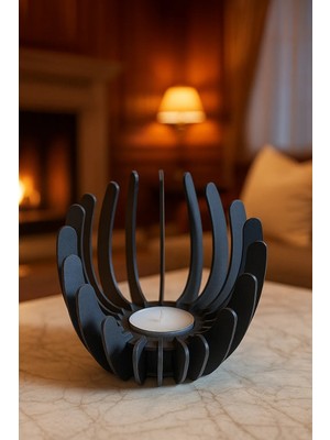 Alvera Nilüfer Çiçeği Formlu Mumluk Tealight Mum Tutucu Yapıştırıcısız Geçmeli Dekoratif Mumluk Siyah