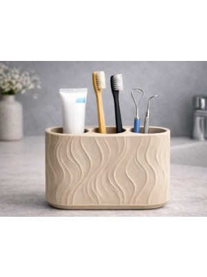 Alvera Üç Bölmeli Diş Fırçalık Dalga Desenli Banyo Organizeri Minimalist Diş Fırçası Tutucu Bej