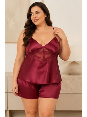 Loule Kadın Büyük Beden Bordo Saten Dantel Detaylı 2 Parça Şortlu Pijama Takımı