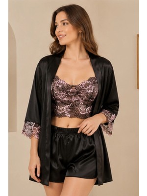 Loule Kadın Siyah Saten Dantel Detaylı 3 Parça Sabahlıklı Şortlu Pijama Takımı