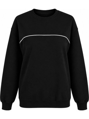 Trender O Yaka 3 Ip Biyeli Siyah Kadın Sweatshirt 27KDT1000015