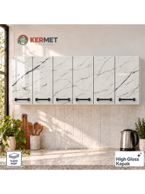 Kermet Home Kermethome 180 cm %100 Mdf Mutfak Üst Dolabı 6 Kapaklı Raflı Efes Antik Beyaz