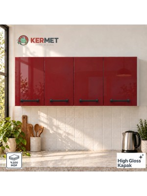 Kermet Home Kermethome 120 cm %100 Mdf Mutfak Üst Dolabı 4 Kapaklı Raflı Bordo