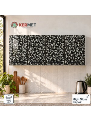 Kermet Home Kermethome 120 cm %100 Mdf Mutfak Üst Dolabı 4 Kapaklı Raflı Siyah Sarmaşık
