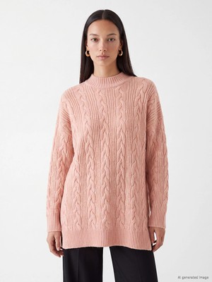 Lc Waikiki Yeni Sezon Pembe Yarım Balıkçı Yaka Desenli Kadın Triko Tunik