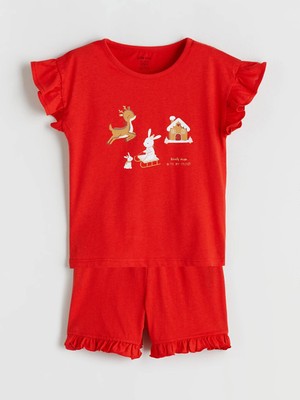 Lc Waikiki Yeni Sezon Kırmızı Yılbaşı Temalı Kız Bebek Şortlu Pijama Takımı