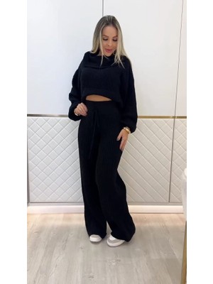 Trend Metkar Kadın Uzun Kollu Balıkçı Yaka Kısa Triko Bluz ve Pantolon Ikili Takım