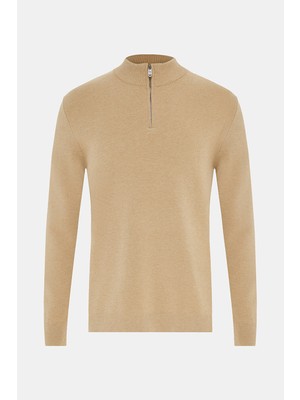 Vakko Camel Mock Neck Knit Sweater