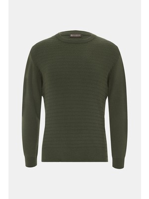 Vakko Khaki Round Neck Knit Sweater