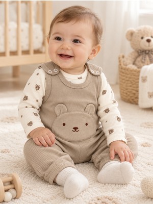 Maxi İdol Happy Bear Ayıcık Desenli 3’lü Bebek Takımı – Salopet Tulum, Uzun Kollu Body ve Çorap