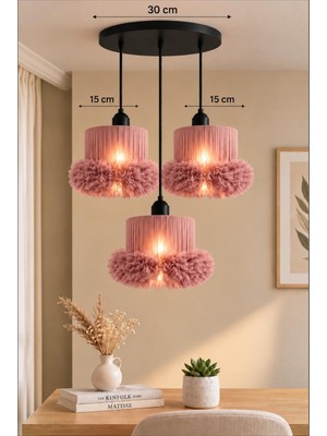 Elizim Home Lighting Alessa 3’lü Tütü Avize – Siyah Tepsili Krem Tül Başlıklı Yatak Odası- Oturma Odası- Genç Odası Dekoratif Sarkıt Avize