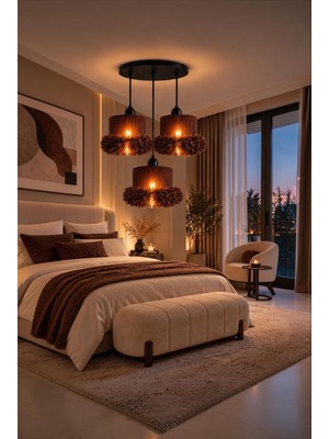 Elizim Home Lighting Alessa 3’lü Tütü Avize – Siyah Tepsili Kahverengi Tül Başlıklı Yatak Odası- Oturma Odası- Genç Odası Dekoratif Sarkıt Avize