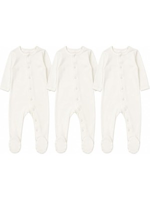 Str Store 3'lü Yenidoğan Bebek Tulumu, 0-3 Ay Unisex Ekru Organik Pamuk Tulum Seti