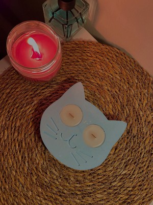 Mavi Kedi Model Ahşap Fitil Tealight Mum
