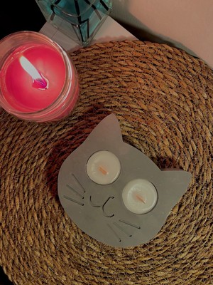 Gri Kedi Model Ahşap Fitil Tealight Mum