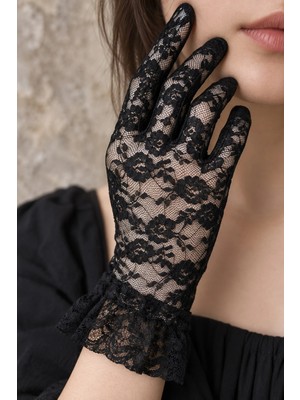 Külah Siyah Çiçek Dantelli Fırfırlı Eldiven - Abiye, Davet, Gotik, Halloween