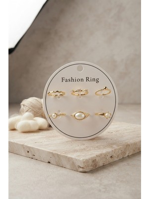 Efnaz Style Gold Renk Pirinç Vintage Detaylı 6'lı Yüzük Seti BYK4315