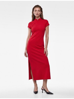 Koton Krep Kumaş Mandarin Qipao Yaka Kısa Kollu Düğmeli Bodycon Midi Elbise
