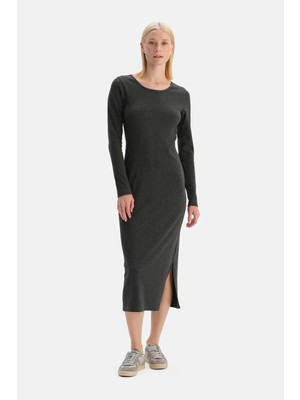 Dagi Grey Melange Crew Neck Basic Dress