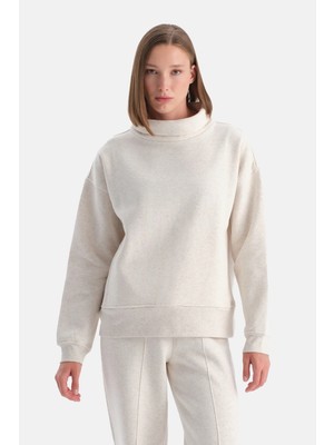 Dagi Ecru Melange Travel Mock Neck Three-Thread Sweatshirt