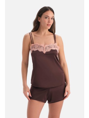 Dagi Kahverengi Yaka Dantel Detaylı Camisole Set