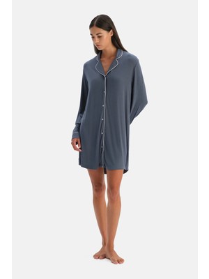 Dagi Indigo Piped Long Sleeve Rib Knit Nightshirt