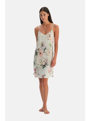 Dagi Sage Floral Print Thin-Strap Woven Nightgown