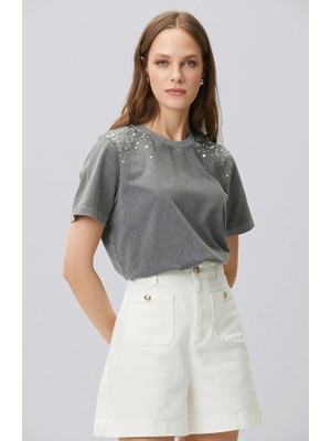 Network Antrasit Omuz Taş Baskılı T-Shirt