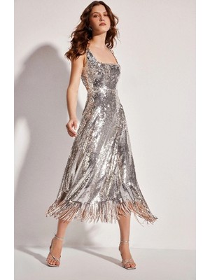 Network Silver Sequined Midi Evening Dress