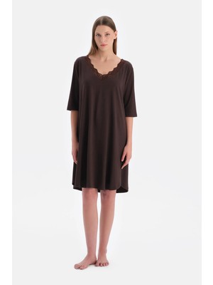 Dagi Dark Brown V-Neck Lace Knit Nightgown