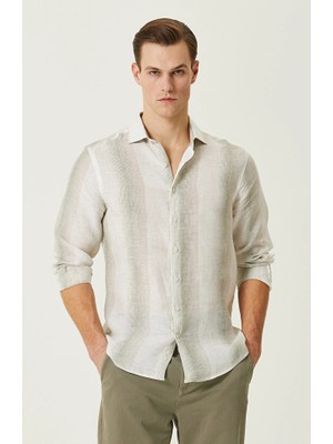 Network Ecru Khaki Stripe Pattern Linen Shirt