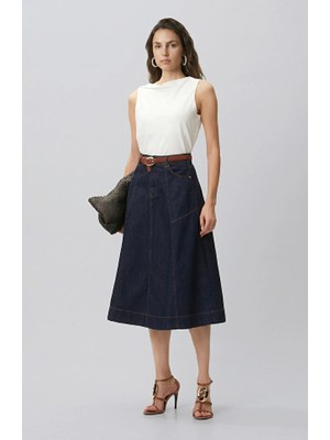 Network Indigo Dikiş Detaylı Denim Etek