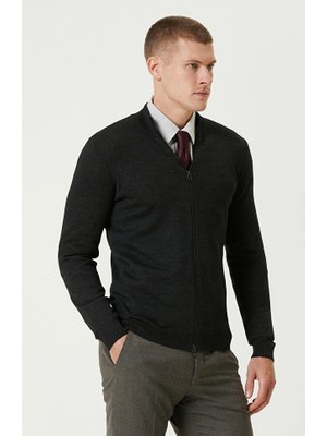 Network Anthracite Melange Wool Blend Basic Cardigan