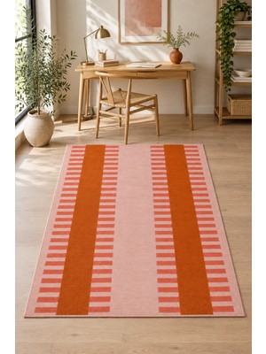 Rugs Modern Halı Dora Geometrik Çizgili Desenli Pudra, Turuncu ve Kırmızı Ince Dokuma Taban Salon Halısı OZL171