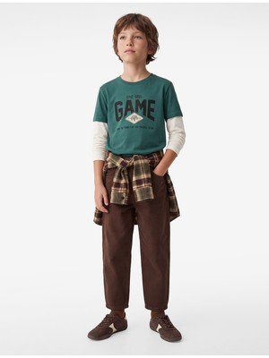 Koton Pamuklu Bisiklet Yaka Katmanlı Uzun Kollu Baskılı Tişört