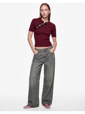 Koton Süslü Düğmeli Mandarin Yaka Kısa Kollu Slim Fit Triko Kazak