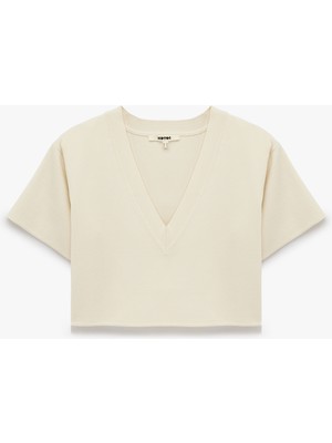 Koton Boxy Fit Kısa Kollu V Yaka Crop Triko Kazak